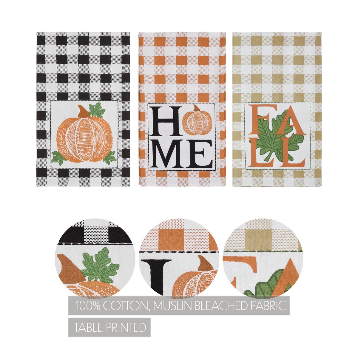 VHC Fall Harvest Kitchen Towel Set of 3 | Pumpkin, Home & Fall Buffalo Check Tea Towels