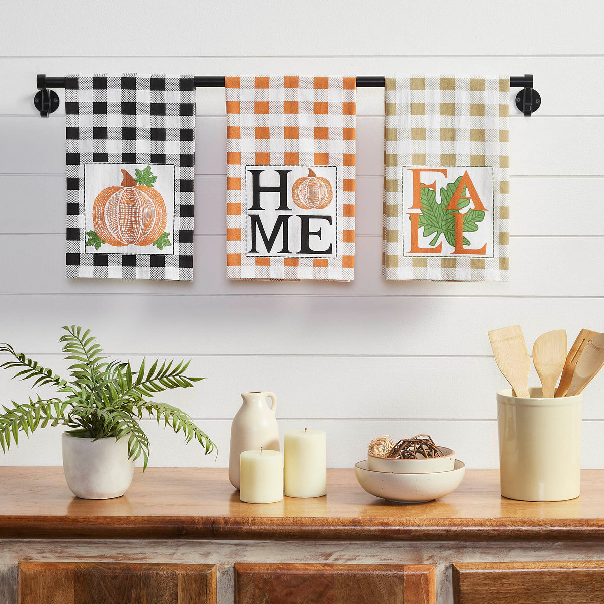 VHC Fall Harvest Kitchen Towel Set of 3 | Pumpkin, Home & Fall Buffalo Check Tea Towels