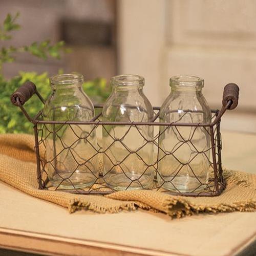 Set of 3 Glass Bottles with Wire Carrier – Rustic Farmhouse Vase & Table Centerpiece