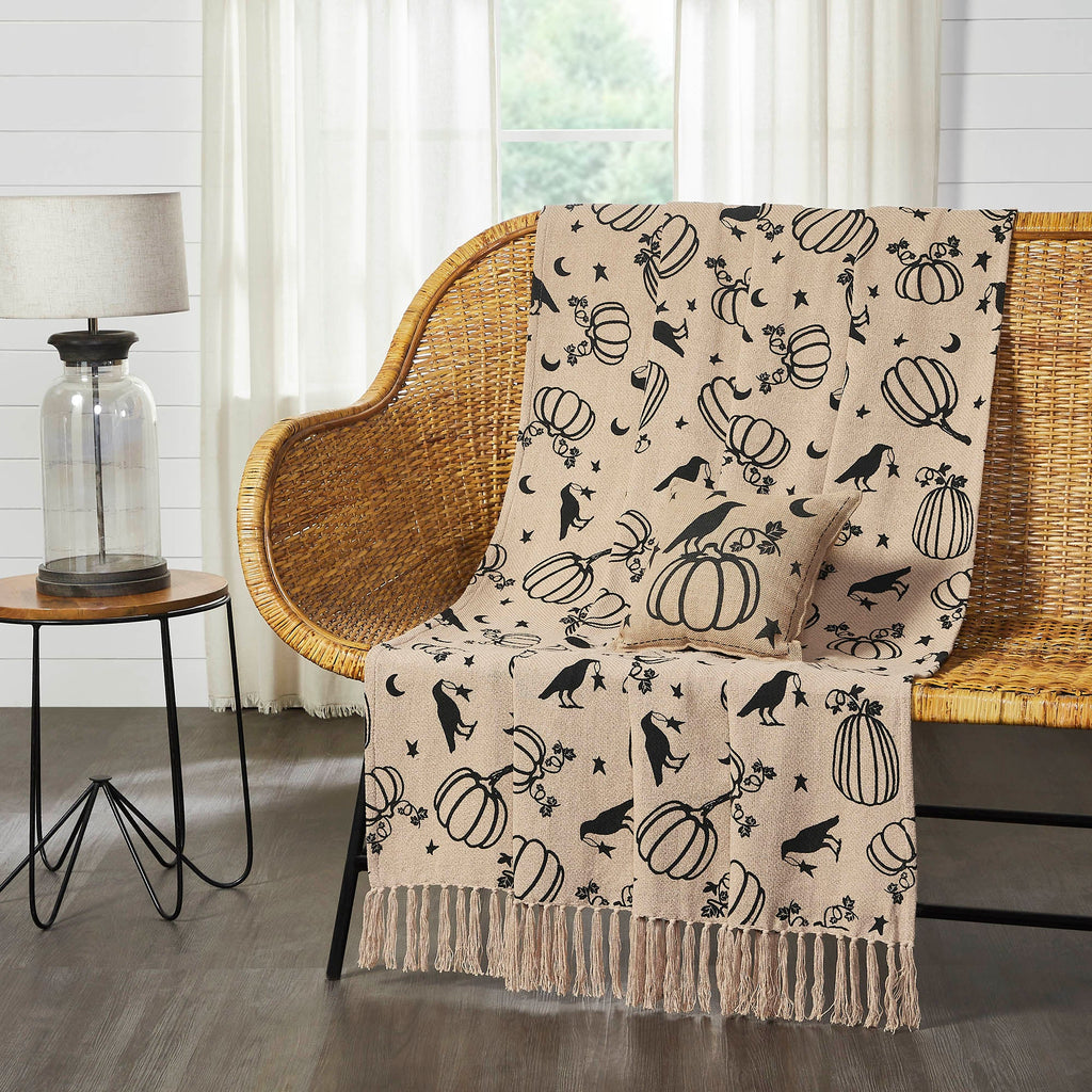 Midnight Harvest Pumpkin & Raven Woven Throw Blanket – 50" x 60" Cozy Fall Accent