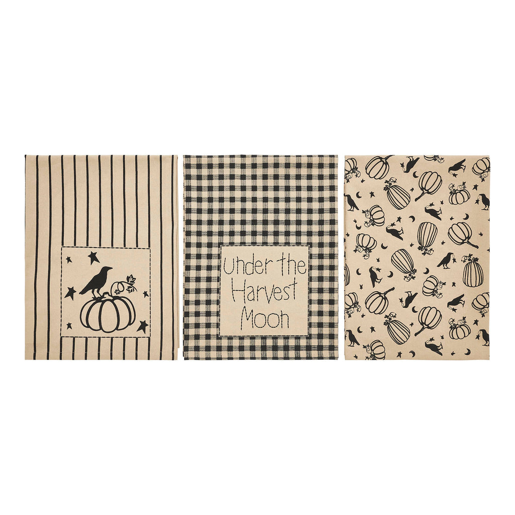 Midnight Harvest Pumpkin & Raven Kitchen Towel Collection | Set of 3 Cotton Towels